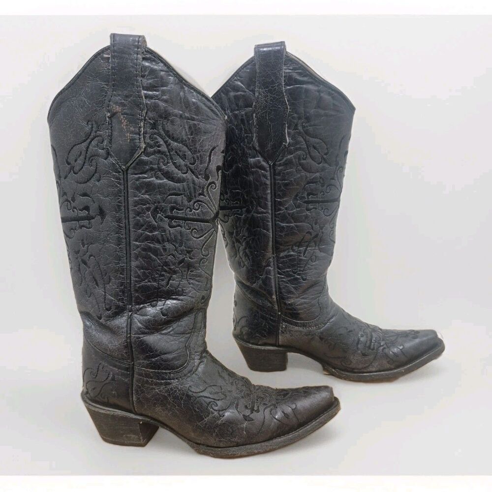 Circle G Boots L5060 Sz  5.5M Black Leather Embroidered Cross Snip Toe Western